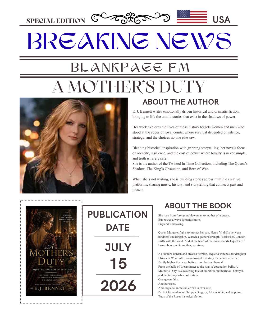 Blank Page FM Special Edition newspaper feature for A Mother's Duty by E. J. Bennett