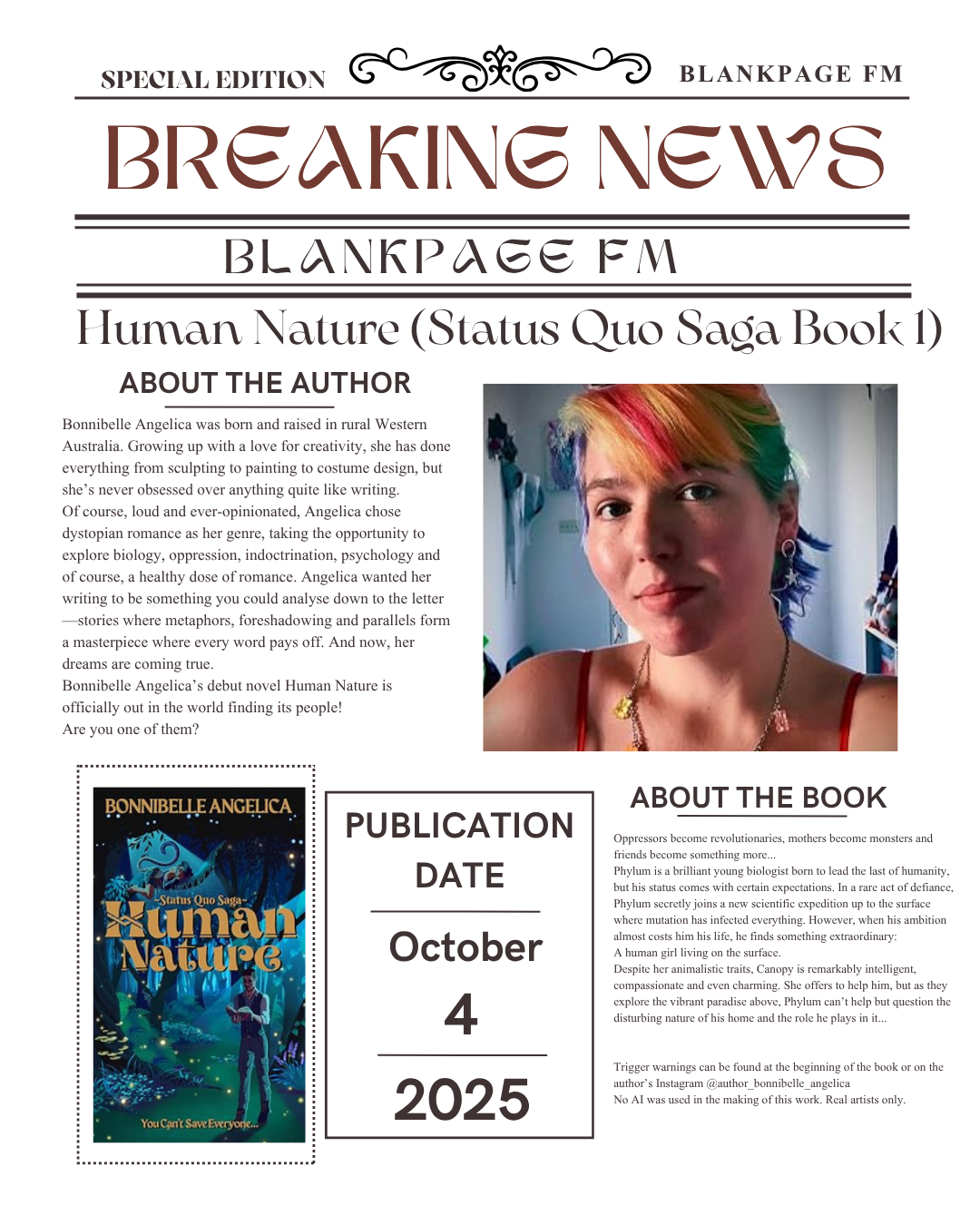 Blank Page FM Special Edition newspaper feature for Human Nature (Status Quo Saga Book 1) by Bonnibelle Angelica