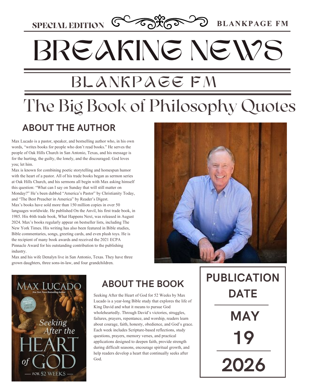 Blank Page FM Special Edition newspaper feature for Seeking After the Heart of God for 52 Weeks by Max Lucado