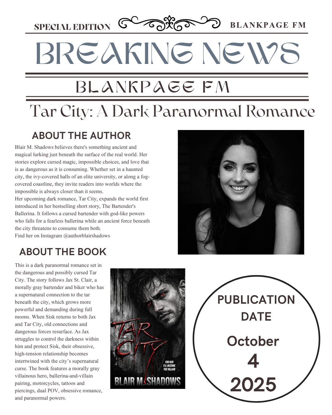 Blank Page FM Special Edition newspaper feature for Tar City: A Dark Paranormal Romance by Blair M. Shadows